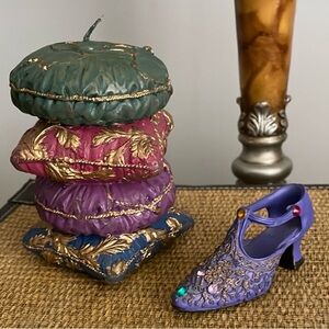 Collectible Porcelain Shoe & Decorative Stack Pillow Candle Bundle